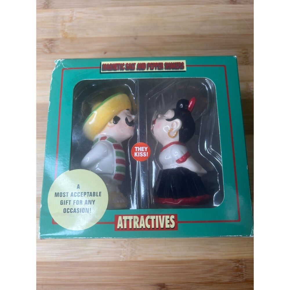 Attractives by Pacific Magnetic Ceramic Salt and Pepper Shakers NIB Couple